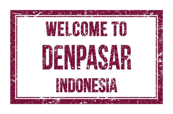 Welcome Denpasar Indonesia Words Written Violet Rectangle Post Stamp — Stock Photo, Image