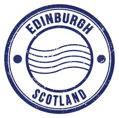 EDINBURGH - SCOTLAND, mavi yuvarlak posta pulu üzerine yazılmış kelimeler