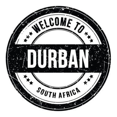 DURBAN 'a Hoşgeldiniz - Güney Afrika, siyah yuvarlak bozuk para damgası üzerine yazılmış kelimeler