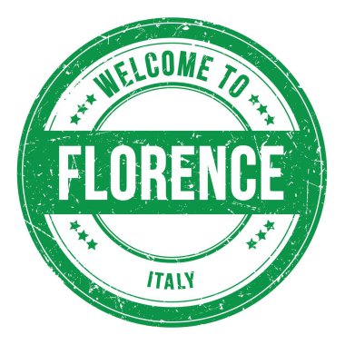 FLORENCE 'e Hoşgeldiniz - İtalya, yeşil yuvarlak bozuk para damgası üzerine yazılmış kelimeler