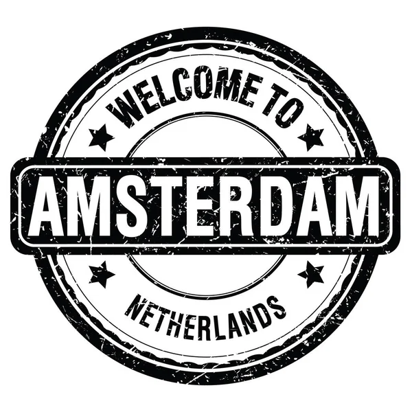 Welcome Amsterdam Niderlandy Słowa Napisane Czarnym Znaczku Grungowym — Zdjęcie stockowe