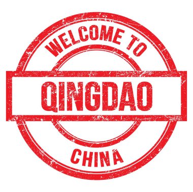QINGDAO-CHINA 'ya hoş geldiniz, kırmızı yuvarlak pulla yazılmış kelimeler.