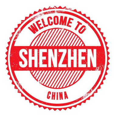 SHENZHEN-ÇİN 'e Hoşgeldiniz, kırmızı zig zag damgası üzerine yazılmış kelimeler