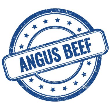ANGUS BEEF 'in mavi vintage grungy yuvarlak kauçuk damgalı metni.