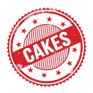 Kırmızı grungy zig zag kenarlarında yazılmış CAKES metni yuvarlak pul.