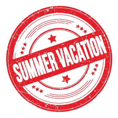 Kırmızı yuvarlak, kirli desen damgalı YAZ Tatil metni.