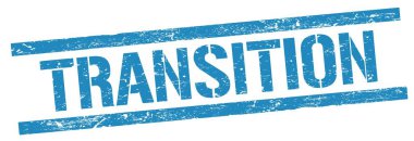 Mavi grungy dikdörtgen damga işareti üzerindeki TRANSITION metni.