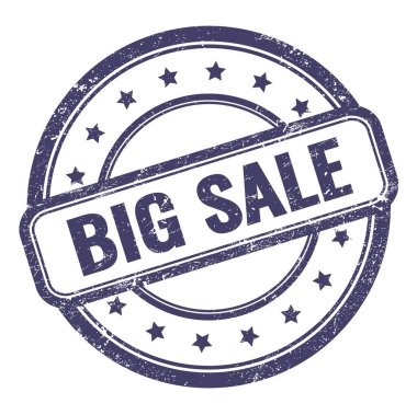 Çivit mavisi, grungy vintage, yuvarlak kauçuk damgalı BIG satış metni.