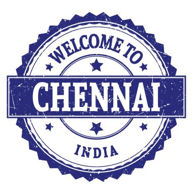 CHENNAI-INDIA 'ya hoşgeldiniz, mavi yuvarlak zig zag damgası üzerine yazılmış kelimeler