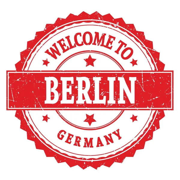 Bienvenue Berlin Allemagne Mots Écrits Sur Timbre Zig Zag Rond — Photo