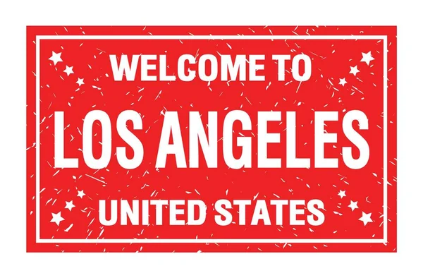 ようこそロサンゼルスへ アメリカ合衆国 ワードライトレッドの四角形の旗切手 — ストック写真