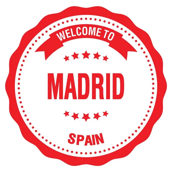 Καλώς Ήρθατε Στο Madrid Ισπανια Λέξεις Γραμμένες Κόκκινο Στρογγυλό Σήμα — Φωτογραφία Αρχείου
