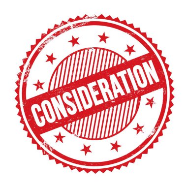 Kırmızı grungy zig zag kenarlarında yazılmış CONSIDERATION metni yuvarlak pul.