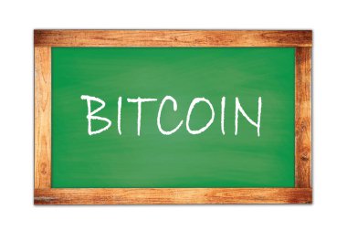 BITCOIN metni yeşil ahşap çerçeve okul tahtasına yazılmış.