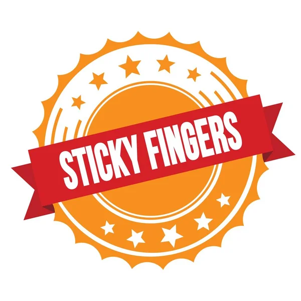Sticky Fingers Text Red Orange Ribbon Badge Stamp — Stock Photo, Image