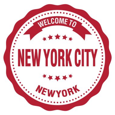 New York Şehri 'ne hoş geldiniz. New York, kırmızı yuvarlak rozet damgası üzerine yazılmış kelimeler.