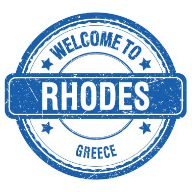 RHODES 'a Hoş Geldiniz - GREECE, Yunanca mavi grungy stamp üzerine yazılmış kelimeler