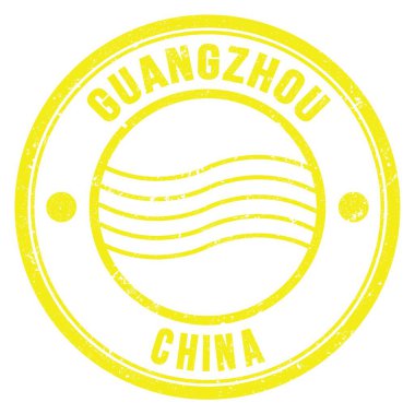 GuANGZHOU - ÇİN, Sarı yuvarlak posta damgası üzerine yazılmış kelimeler
