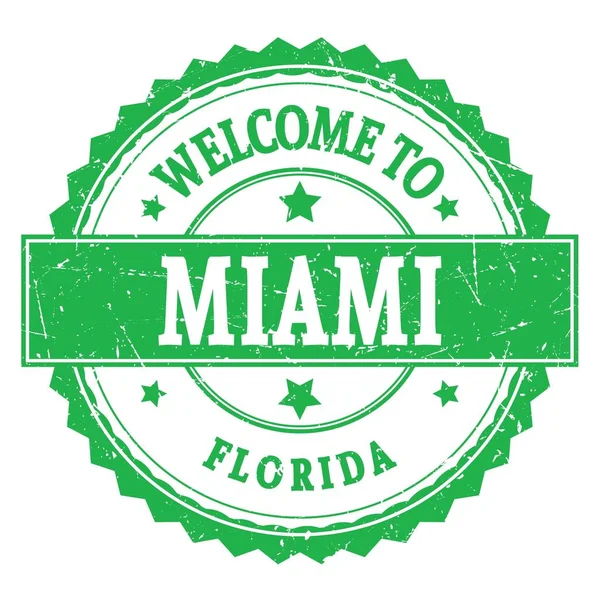 Welcome Miami Florida Słowa Napisane Zielonym Okrągłym Znaczku Zygzakowym — Zdjęcie stockowe