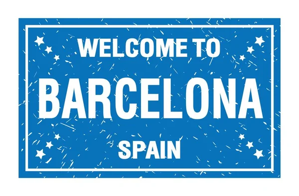 Barcelona Hoşgeldiniz Spanya Mavi Dikdörtgen Bayrak Damgası Üzerine Yazılmış Kelimeler — Stok fotoğraf
