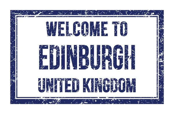 Vítejte Edinburgh Spojené Království Slova Napsaná Modré Obdélníkové Poštovní Známce — Stock fotografie