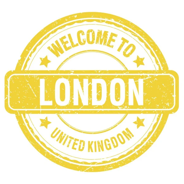 Welcome London Zjednoczone Królestwo Słowa Napisane Żółtym Znaczku Grungowym — Zdjęcie stockowe