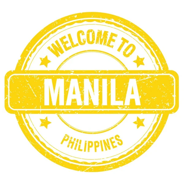 Willkommen Manila Philippinen Worte Auf Gelber Grunziger Briefmarke — Stockfoto
