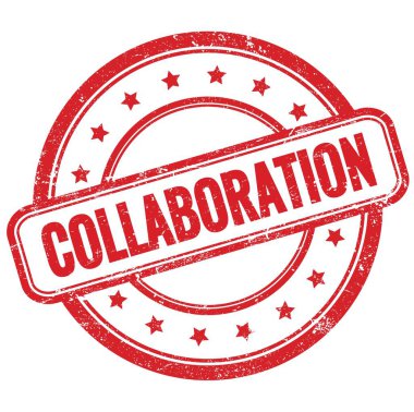 Kırmızı, eski, pasaklı, yuvarlak, lastik damga üzerine COLLABORATION metin.
