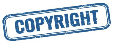 Mavi grungy vintage dikdörtgen damgalı COPYright metni.