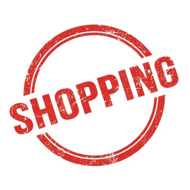 Kırmızı grungy vintage yuvarlak pulu üzerine yazılmış alışveriş metni.