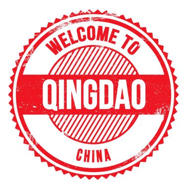 WELCOME TO QINGDAO - CHINA, words written on red zig zag stamp