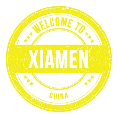 WELCOME TO XIAMEN - CHINA, words written on yellow round coin stamp