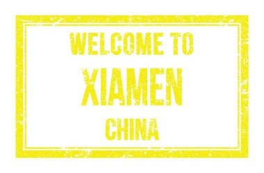 XIAMEN-ÇİN 'e Hoş Geldiniz, Sarı dikdörtgen posta pulunda yazılı kelimeler