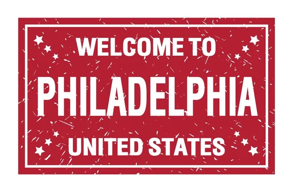 Bienvenue Philadelphie États Unis Mots Écrits Sur Timbre Drapeau Rouge — Photo