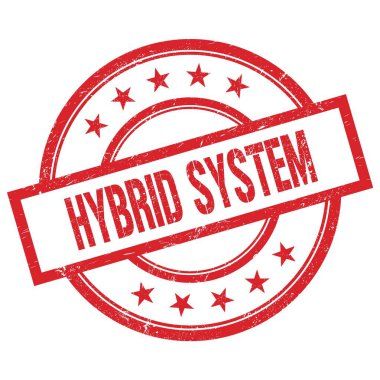 HYBRID SYSTEM text written on red round vintage rubber stamp.