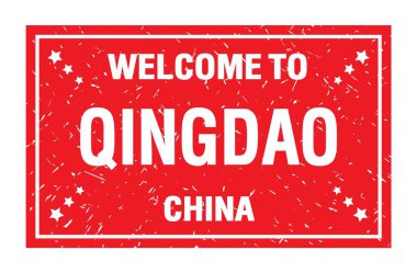 QINGDAO-ÇİN 'a Hoşgeldiniz, kırmızı dikdörtgen bayrak damgasında yazılı kelimeler