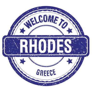 RHODES 'a Hoşgeldiniz - GREECE, koyu mavi grungy pulu üzerine yazılmış kelimeler