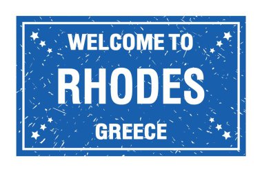 RHODES 'a Hoşgeldiniz - GREECE, Yunanca mavi dikdörtgen bayrak damgası üzerine yazılmış kelimeler