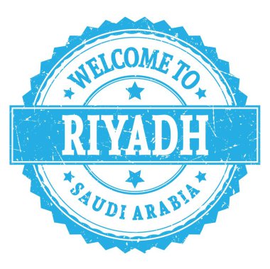 RIYADH 'e Hoşgeldiniz - SAUDI ARABIA, mavi yuvarlak zig zag damgası üzerine yazılmış kelimeler