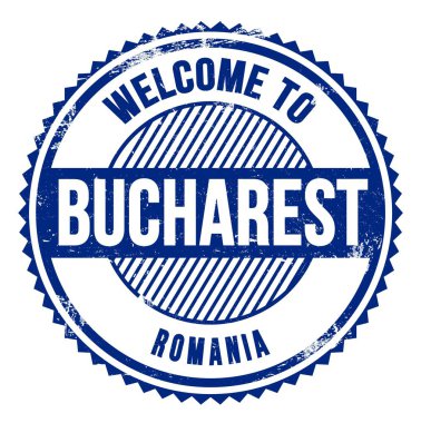 BUCHAREST 'a Hoşgeldiniz - ROMANIA, Mavi zig zag damgası üzerine yazılmış kelimeler