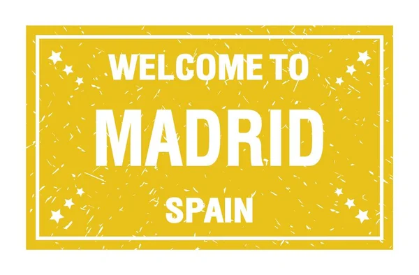 Willkommen Madrid Spanien Worte Auf Gelbem Rechteck Flaggenstempel Geschrieben — Stockfoto