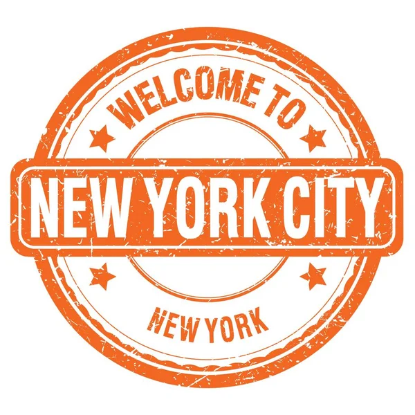 Willkommen New York City New York Worte Auf Orangefarbener Briefmarke — Stockfoto