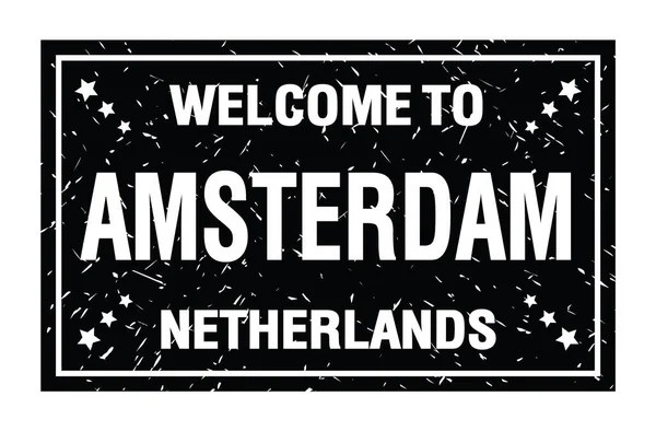 Welcome Amsterdam Netherlands Words Written Black Rectangle Flag Stamp — Stock Photo, Image