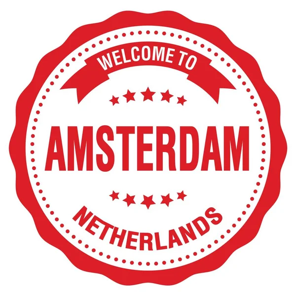 Welcome Amsterdam Netherlands Words Written Light Red Badge Stamp — Stock Photo, Image