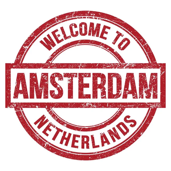 Welcome Amsterdam Niderlandy Słowa Napisane Czerwonym Okrągłym Prostym Znaczku — Zdjęcie stockowe