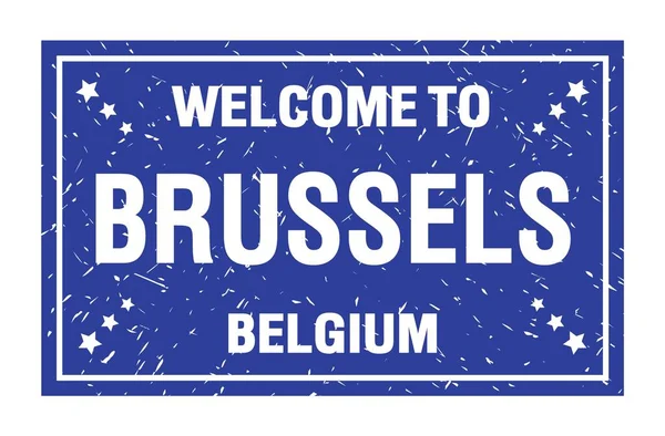Welcome Brussels Belgia Napis Znaczku Niebieskiej Flagi Prostokąta — Zdjęcie stockowe