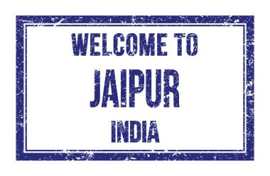 JAIPUR 'a Hoşgeldiniz - INDIA, mavi dikdörtgen posta damgası üzerine yazılmış kelimeler