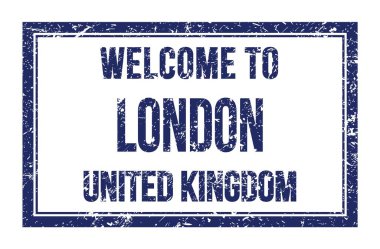 Londona Hoş Geldiniz - Birleştirilmiş KINGDOM, mavi dikdörtgen posta pulu üzerine yazılmış kelimeler