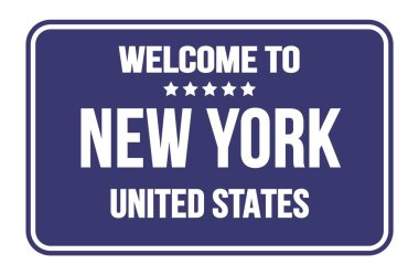 New York 'a Hoşgeldiniz - Birleşik Devletler, mavi dikdörtgen sokak levhası üzerinde