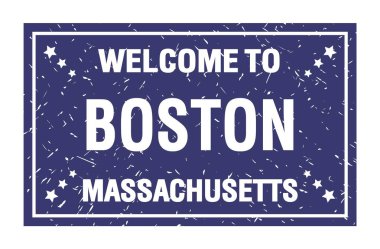 BOSTON 'a Hoş Geldiniz - Massachusetts, Mavi dikdörtgen damga üzerine yazılmış kelimeler